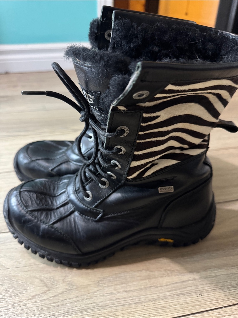 UGG Black Leather UGG Adirondack II Boots with Zebra-Print Panel